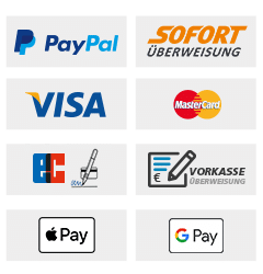 Kreditkarte, Kauf auf Rechnung, Vorauskasse, Giropay, Apple Pay, Google Pay, PayPal, Sofortüberweisung Zahlungsvarianten